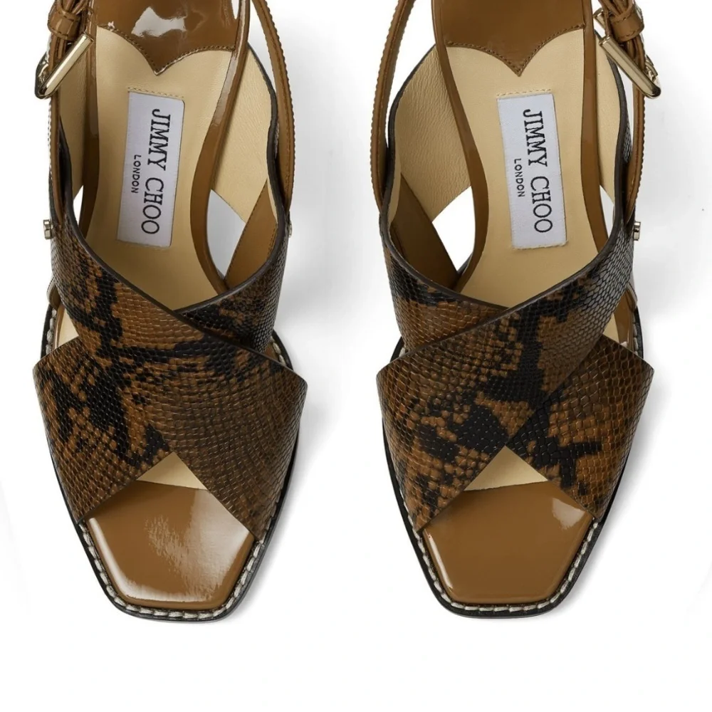 NWT Jimmy Choo Aix 85 Snake Printed Leather Sandals in Cuoio, Size 35.5